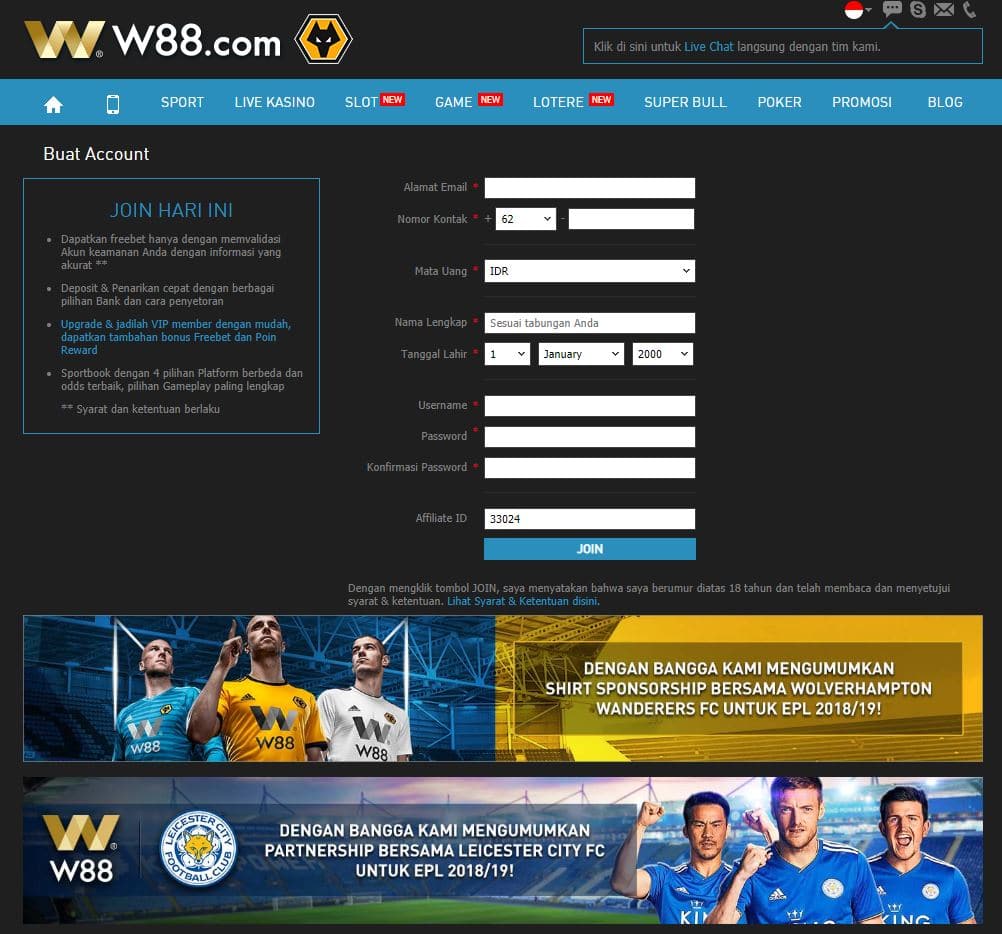 W88 Register Page